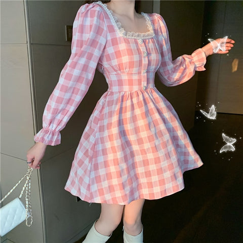 New Autumn Japanese Women Mini Lolita Dress Square Collar With Lace Pink Plaid Beading Flare Sleeve Cute Kawaii Feminine Dresses