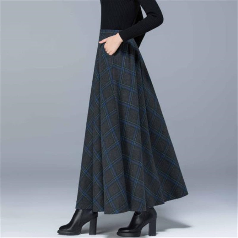 Geumxl Mom High Waist Woolen plaid Skirts 2023 Autumn Winter Women's Plus Size Wool Maxi Skirts Female Fashion Casual Long Streetwear