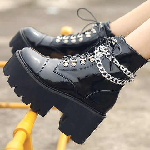 Geumxl 2022 Women Ankle High Platform Boots Wedges Thick Bottom Chain Decoration Females Shoes Fashion Comfort Punk Autumn Big Sizes 42