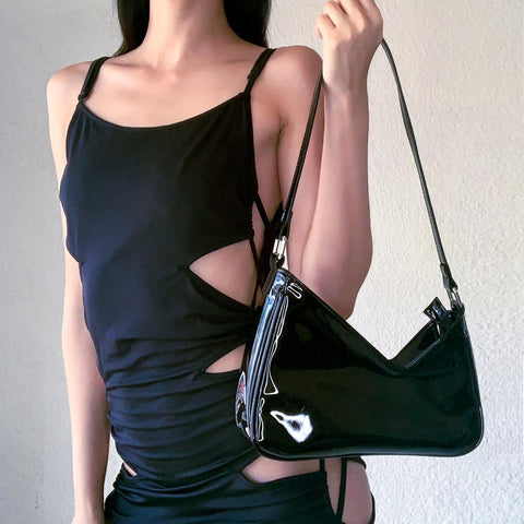 Geumxl Vintage Women Black Patent Leather Shoulder Bag Fashion Design Ladies Underarm Bag Retro Y2k Cool Girls Small Purse Handbags