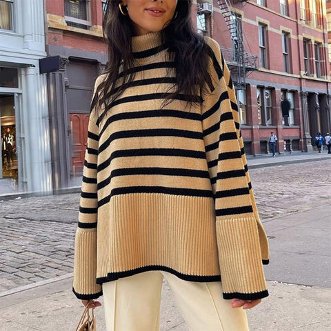 Geumxl Autumn Winter Women Casual Long Sleeve Striped Patchwork Jumpers Ladies Knitted Sweaters Cashmere Zip V-Neck Tops Pullover Lady