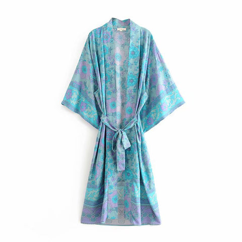 Geumxl 2022 Printed Summer Beach Wear Clothing Long Kimono Autumn Plus Size Tunic Women Tops Self Belted Wrap Coat A155