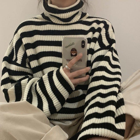 Geumxl Christmas Gift Women's Turtleneck 2022 Korean Fashion Warm Striped Sweater Casual All-Match Long Sleeve Autumn Winter Pullovers Campus Knitwear