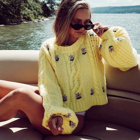 Geumxl Yellow/White Crop Sweaters For Women Vintage Long Sleeve O Neck Floral Emboidery Knitted Pullover Autumn Jumper 2022