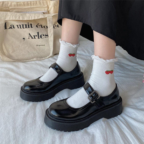 Geumxl Japanese School Students Uniform Shoes Uwabaki JK Round Toe Buckle Trap Women Girls Lolita Cosplay Shoes Sweet Lolita Shoes