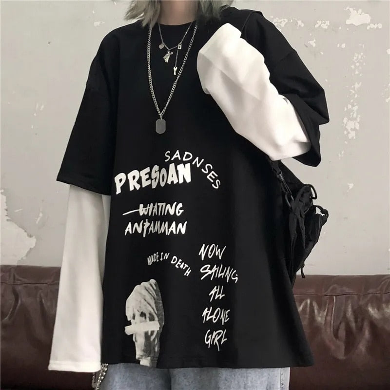 Korean Harajuku Black White Striped Hip Hop T-Shirts Men Women Autumn Cotton Fake Two Piece Long Sleeve Loose Tshirt Female