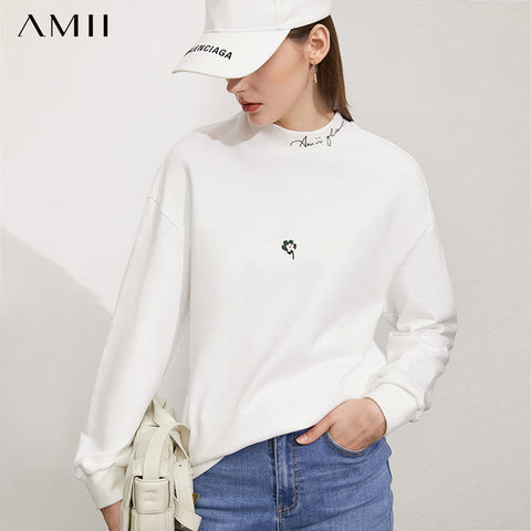 Minimalism Autumn Womens Sweatshirts Casual Letter Embroidery Pullover Streetwear Stand Collar Hoodies Female Tops 12120291