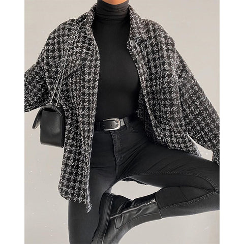 Geumxl 2022 New Women Jacket Plaid Check Houndstooth Full Sleeves Lapel Collar Classic Style Coat Fashion Outerwear Tops Veste