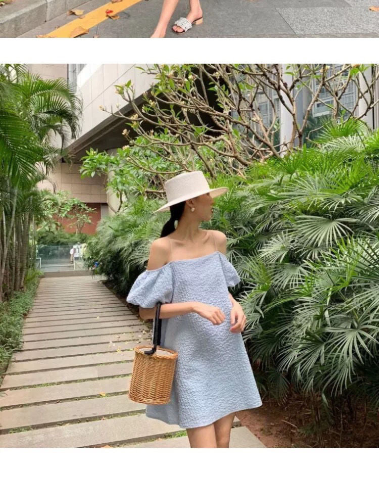 South Korea Solid Off Shoulder Ruffle Mini Dress Women Slash Neck Puff Sleeves Sexy Bosycon Dress Backless Summer Dress 2022