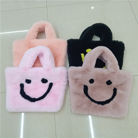 Cute Smiley Face Women Plush Shoulder Bag Soft Faux Fur Ladies Chain Messenger Bags Fashion Female Small Purse Handbags Bolsas
