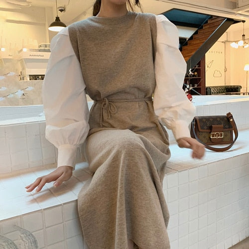 korean Fashion Women Bodycon Patchwork Maxi Dress Bandage Autumn Winter Chic Korean Dresses Female Slim Vestidos Dropshipping