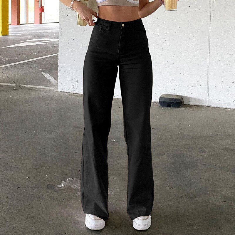 Geumxl High Waist Straight Pants Women Casual Trousers Wide Leg Pants Solid Loose Trousers Women Stretch Jeans Pantalones Mujer
