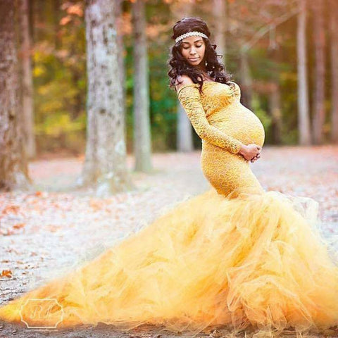 Geumxl Long Sleeve Maternity Dresses Lace Maxi Dress Photography Props Dresses Splice Mesh Pregnancy Dress For Photo Shoot Clothes