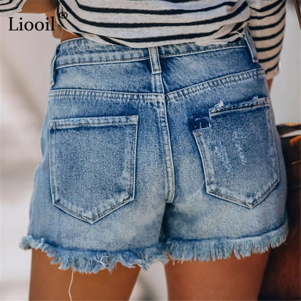 Sexy Ripped Skinny Jean Shorts With Tassel Women Mid Waist Summer Streetwear Pockets Distressed Washed Blue Hole Denim Shorts