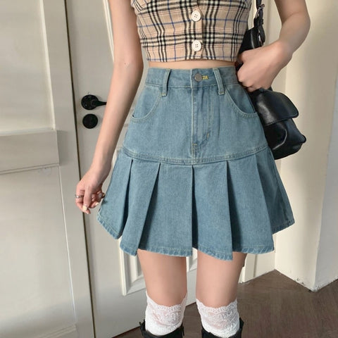 Geumxl Casual Mini Skirt Women Summer 2023 High-Waiste Harajuku Y2k Pleated Skirt Blue Japanese Korean Style Fashion Clothing New