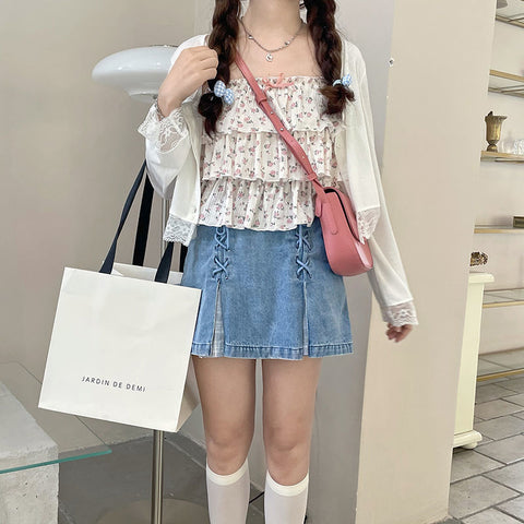 Japanese Kawaii Mini Denim Skirt Women Patchwork Korean Fashion Sweet Split Skirt Shorts Bandage Casual Plaid Skirt Summer 2022