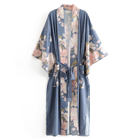 Geumxl 2022 Printed Summer Beach Wear Clothing Long Kimono Autumn Plus Size Tunic Women Tops Self Belted Wrap Coat A155