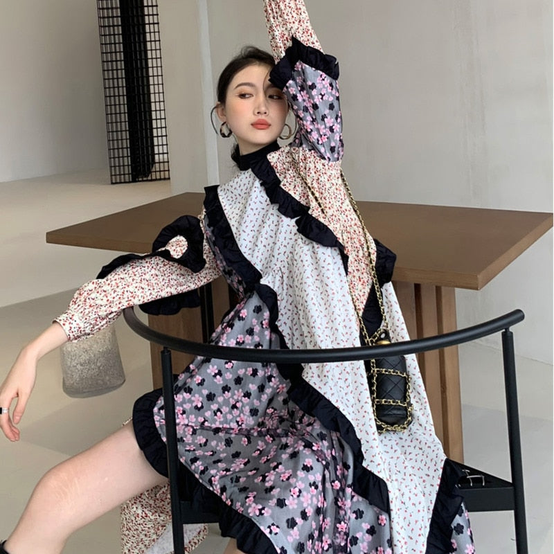 Geumxl 2022 New Spring Dress Women Long Sleeve  Patchwork Printed Flower Dresses Ladies Party Clothes 2A3301