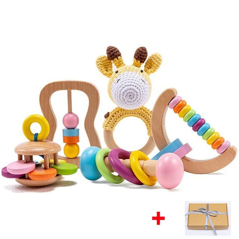 Geumxl Baby Towel Newborn Bath Toy Set Gifts Box Double Sided Cotton Blanket Wooden Rattle Bracelet Crochet Toys Baby Bath Gift Product