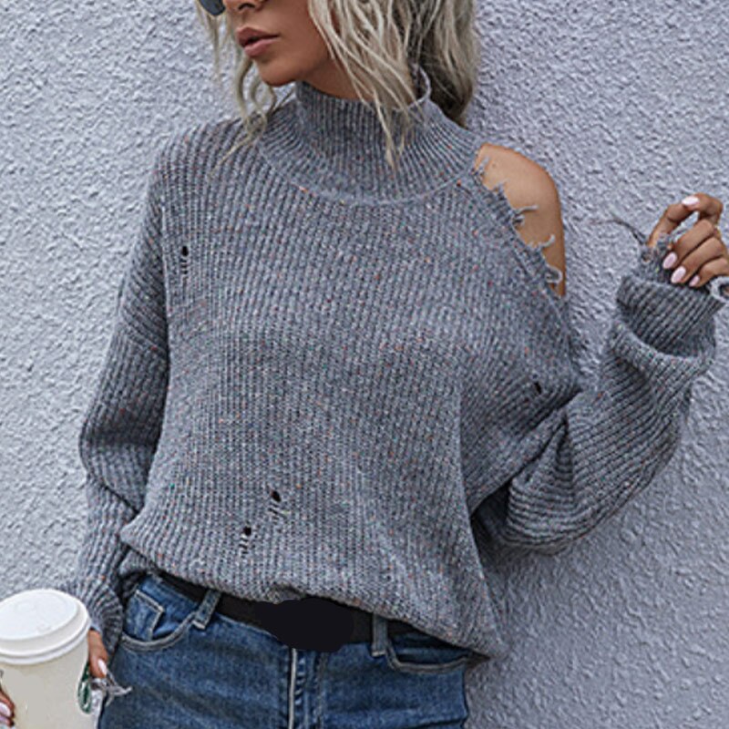 Strapless Hole Women's Sweater Knitted Half High Collar Fashion Loose Woman Pullovers Sexy Autumn Winter Casual Top Female Hot