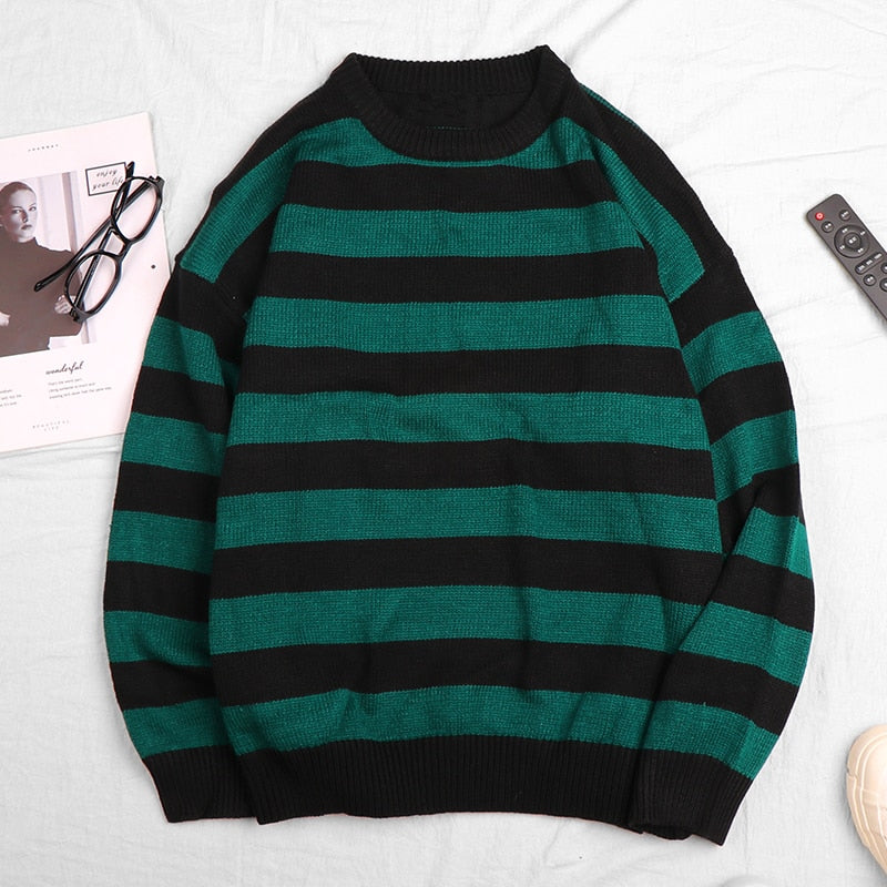 Geumxl Christmas Gift Autumn Winter Knitted Black Striped Sweater Women Casual Oversized Pullovers Sweaters Loose Warm Thick Streetwear Teen Knitwear