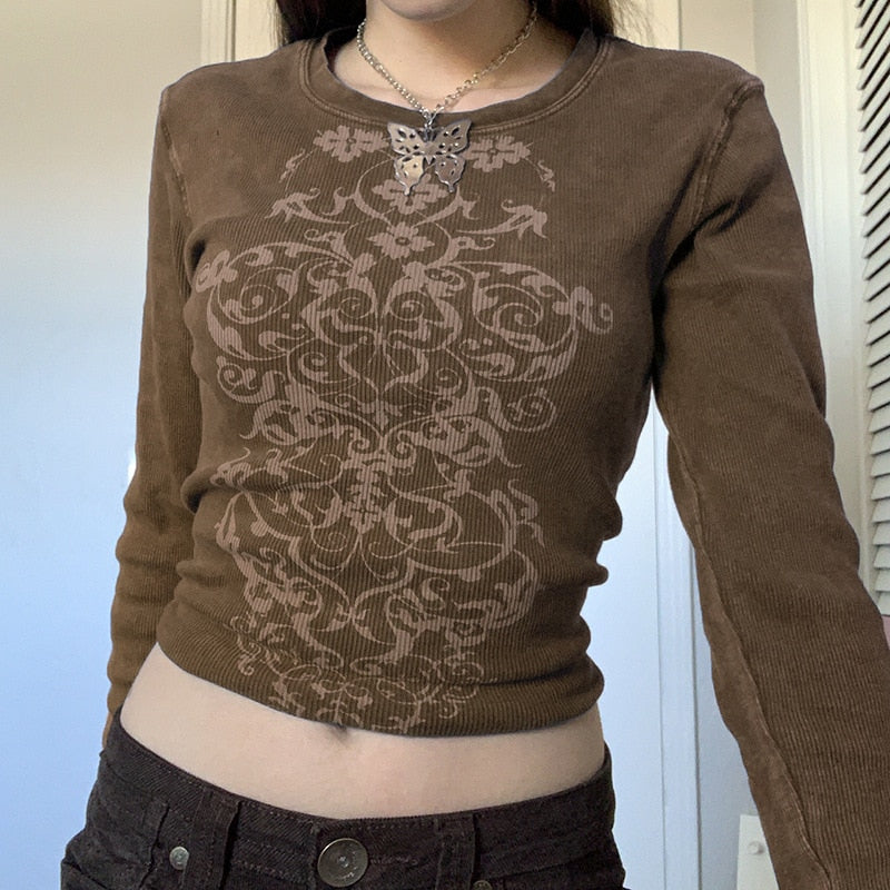 Geumxl 2022 Retro Graphic Print Woman T Shirts Autumn Long Sleeve Fairy Grunge Tshirts Dark Academia Slim Crop Top Casual