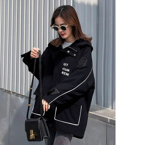 Streetwear Letters Prints Thin Windbreaker Casual Plus Size Loose Short Coat Harajuku Style Hooded Big Pocket Jacket