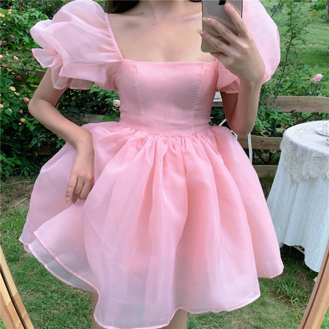 Geumxl Woman Sweet Pink Fairy Dress Summer Vintage Elegant Square Collar Puff Sleeve Ball Gown Robe Korean Mini Princess Vestidos 0719