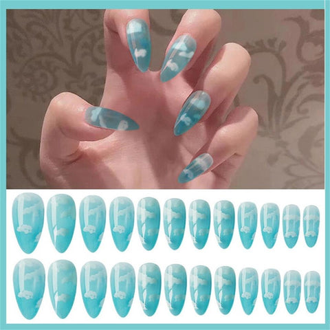 Geumxl 24Pcs/Set Blue Sky White Cloud Pattern Design False Nail French Stiletto Full Cover Fake Nails Glue DIY Manicure Nail Art Tools
