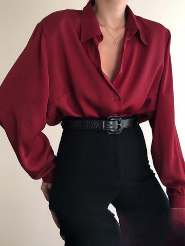 GEUMXL Women Shirt New Fashion Autumn Blouse Lapel Long Sleeve Solid Black Red Ladies Female Top Clothing Streetwear