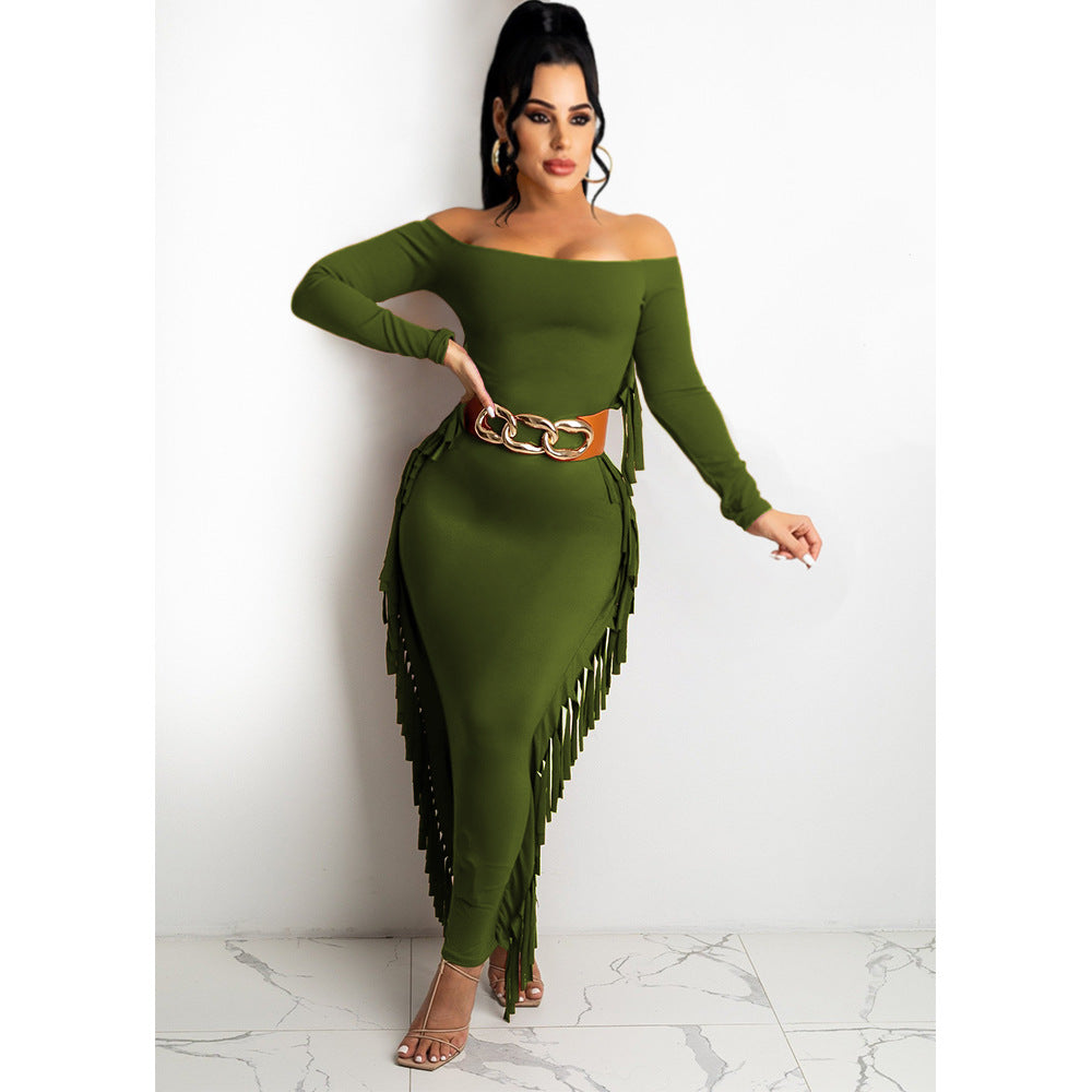 Geumxl Casual Streetwear Sexy Off Shoulder Tassel Side Long Bodycon Dress For Women Autumn New Club Party Activewear Female