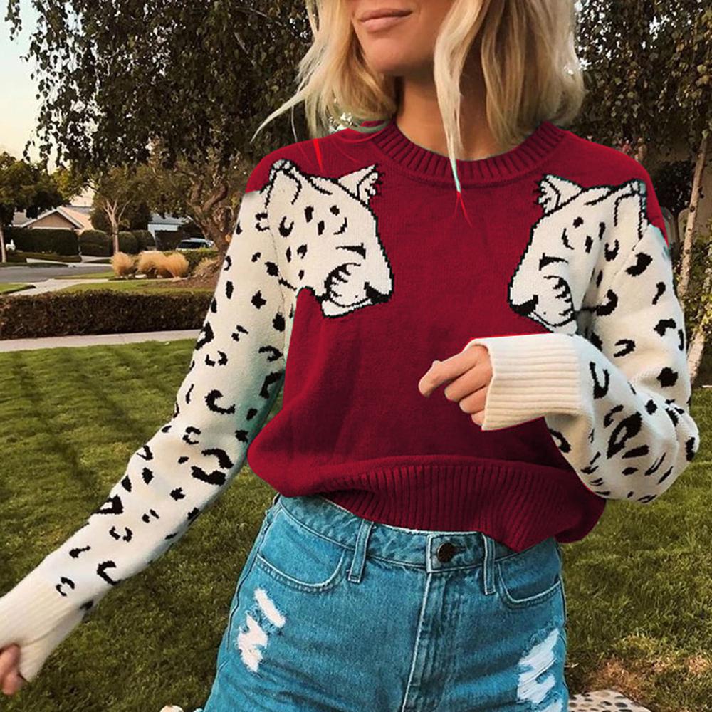 Green leopard pattern pull 2021 long sleeve knit sweater women casual Autumn winter sweaters O-Neck pullover jumperer