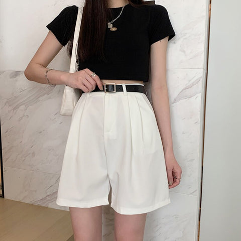 Geumxl Summer High Waist Casual Women Shorts Formal Sashes Belted Solid Straight Loose Short 2023 Fashion Women Korean Wide Leg Pants