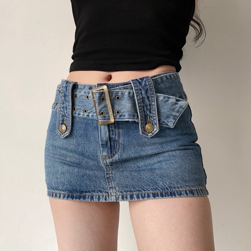 Geumxl Wide Belt Denim Miniskirt For Women Korean Hot Sexy Women Short Skirts Pocket High Waist Boho Safari Style