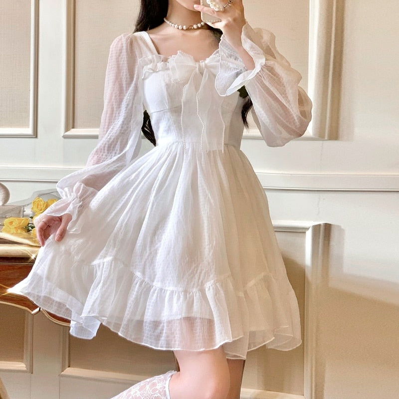 Geumxl  2022 French Sweet Fairy Lolita Dress Women Long Sleeve Lace Mini Dress Vintage Kawaii Clothes One Piece Dress Korean