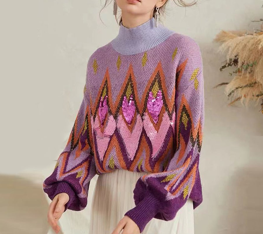 Geumxl Purple Sequin Embroidery Lazy Sweaters Women Vintage Long Sleeve Turtleneck Autumn Winter Knitted Pullover Warm Jumper