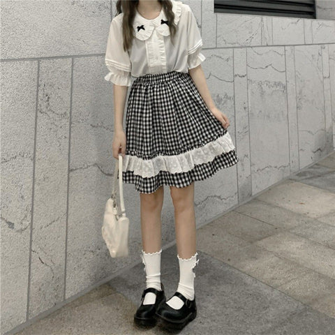 Summer Kawaii Plaid Skirt for Women Japanese Elegant Vintage Ruffles Skirt Soft Girl Casual Designer Beach Party Skirt 2022 New