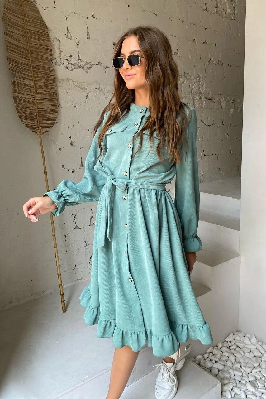 Women Corduroy Ruffle Dress Casual Long Sleeve O Neck Button Sashes Dresses Vintage A-Line Party Knee Dress 2023 Autumn Winter