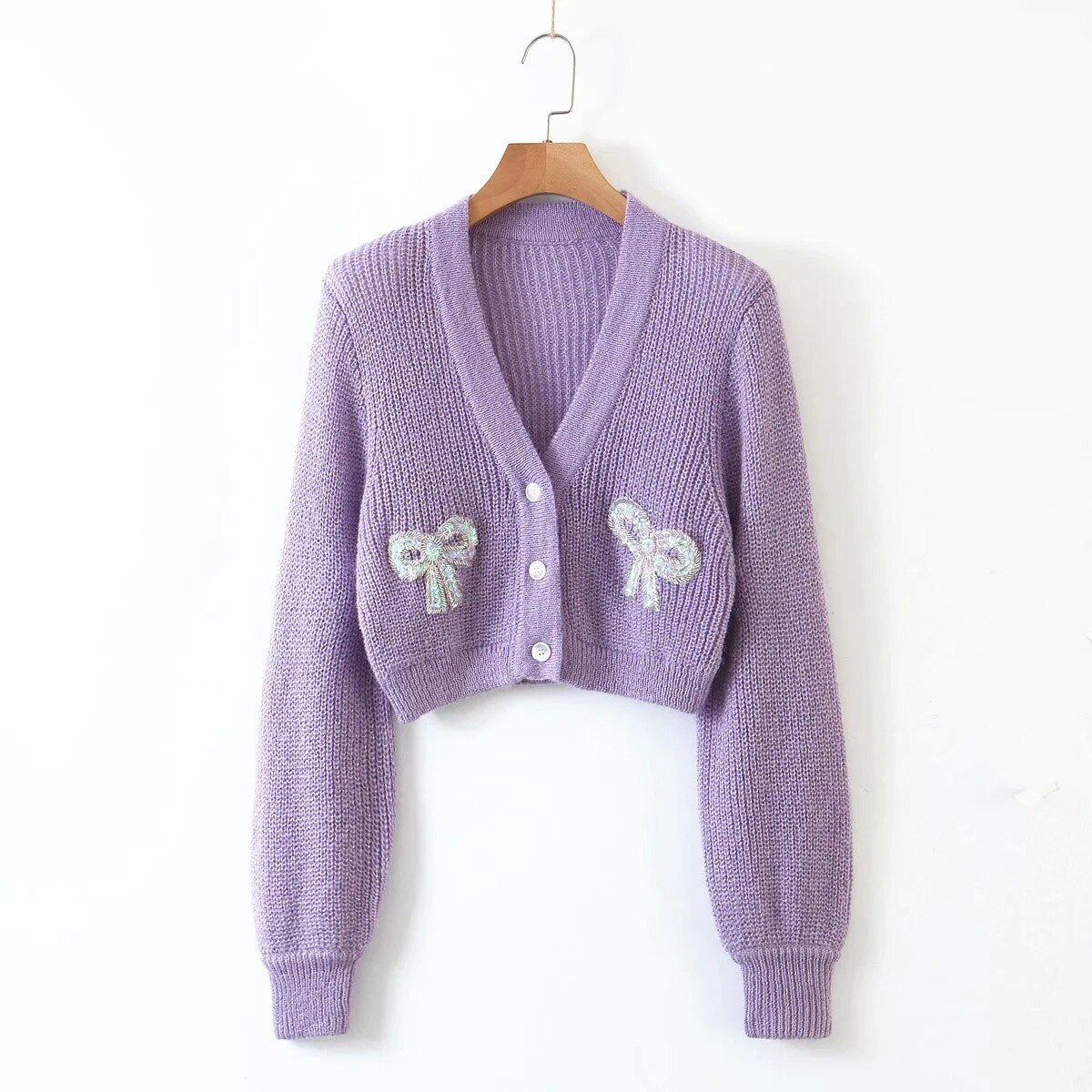 Geumxl Long Sleeve Sequin Embroidery Bow Crop Top Sweater Women Pull Vintage Purple V Neck Autumn Sweaters Coat Cardigan Jumper