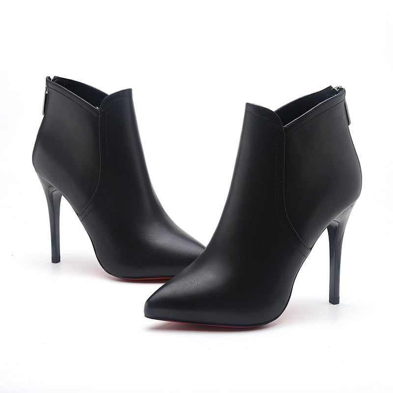 New Women Boots Ankle PU Leather Zipper Booties High Heels Autumn Shoes Black Winter Boots Zapatos De Mujer Pointed Toe