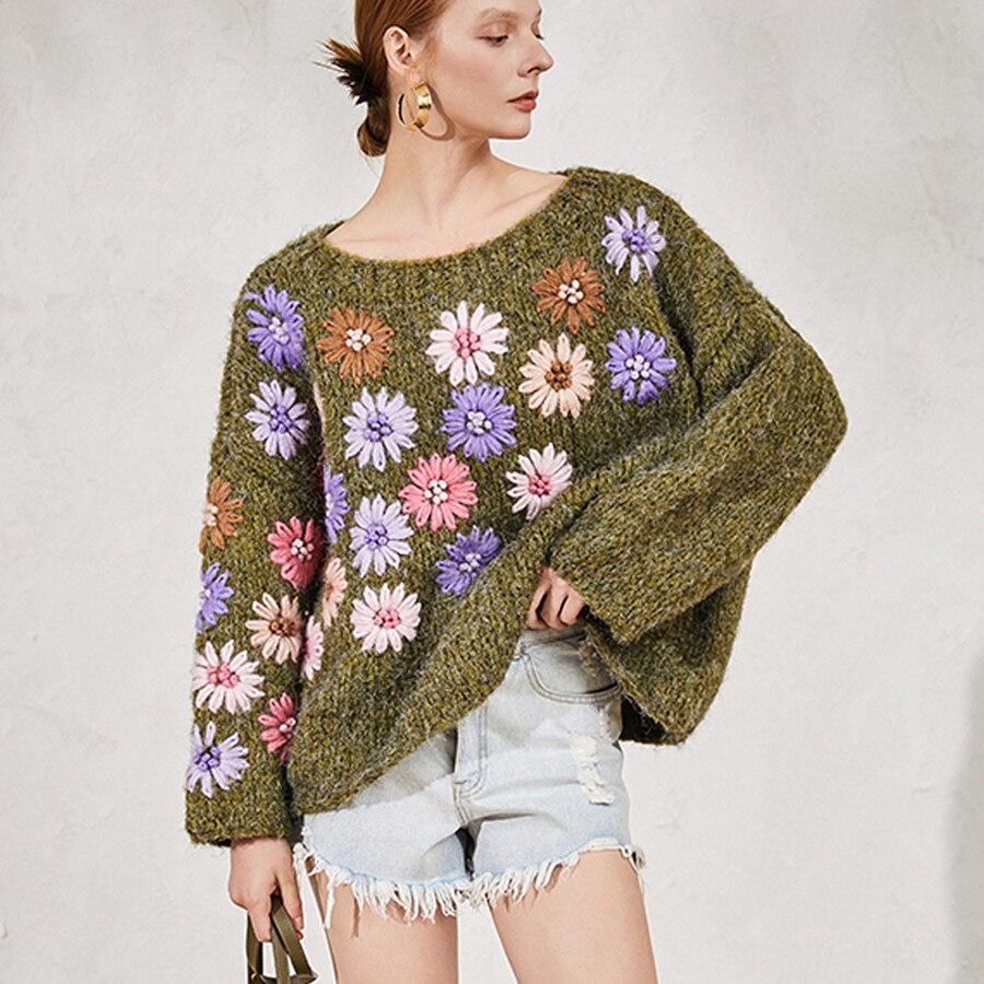 Geumxl Oversize Boho Sweater Pullover Hand-Made Floral Embroidery Sweater Long Sleeve Winter Women  Sweater Warm Loose Sweaters