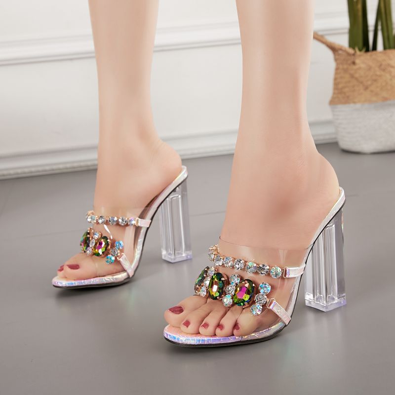 Geumxl Women High Heels Casual Transparent Slippers Rhinestone Crystal Pumps Thick Heel Comfort Plus Sandal Leisure Gladiator Sandal
