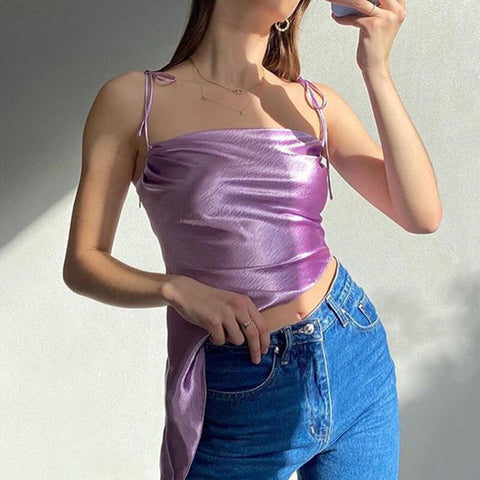 Summer Women Sexy Y2k Crop Top Solid Color Satin Cowl Neck Irregular Backless Bandage Tank Top Girls Beach Party Outfits
