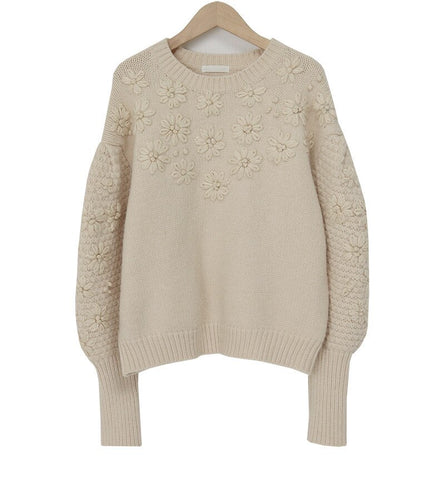 Geumxl Apricot Lantern Long Sleeve Loose Knit Jumper Women Sweaters Vintage Floral Emboidery Pull Boho Winter Warm Pullovers