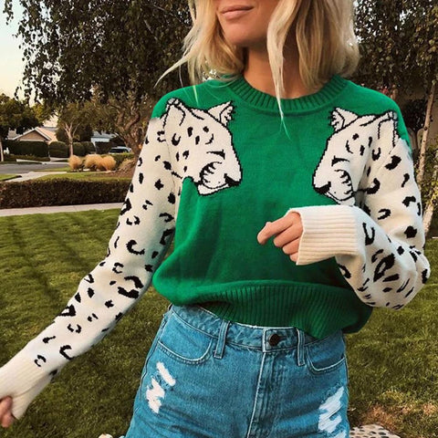 Green leopard pattern pull 2021 long sleeve knit sweater women casual Autumn winter sweaters O-Neck pullover jumperer