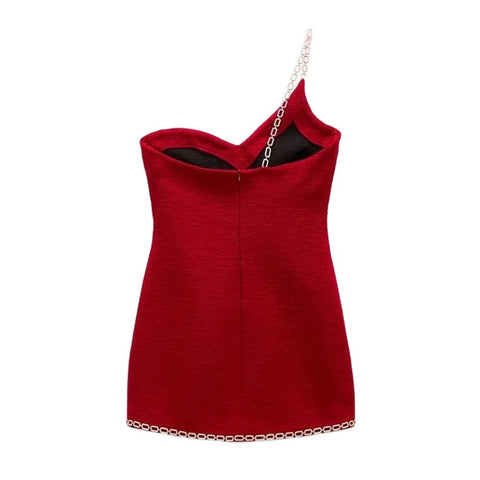 Geumxl--hoco dresses  2024 Women Elegant Tweed Red Vintage Casual Dress Female Chain Decoration Streetwear Strapless Slim Sleeveless Mini Dress