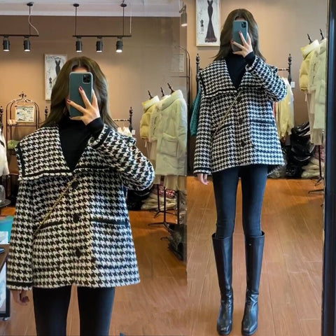 Geumxl 2022 Autumn And Winter New Korean Style Small Fragrance Jacket Women's Wild Loose Houndstooth Ladies Short Top Trend