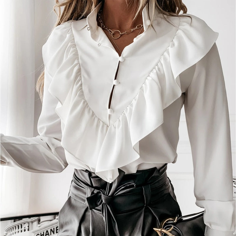 Geumxl Women Casual Ruffles Front Button Blouse Lantern Sleeve O Neck Solid Shirts 2022 Autumn New Fashion Office Lady Elegant Tops