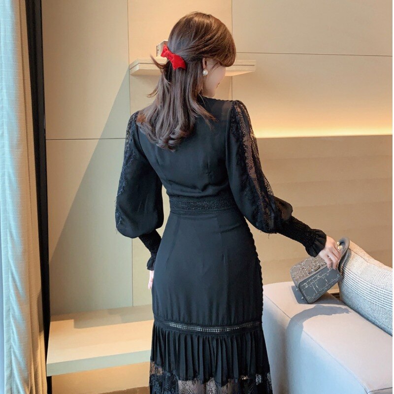 Geumxl Women Dress New  V-Neck Lantern Sleeve With Lace Pleated Slim Temperament Fashion Tide Autumn 2022 2H617
