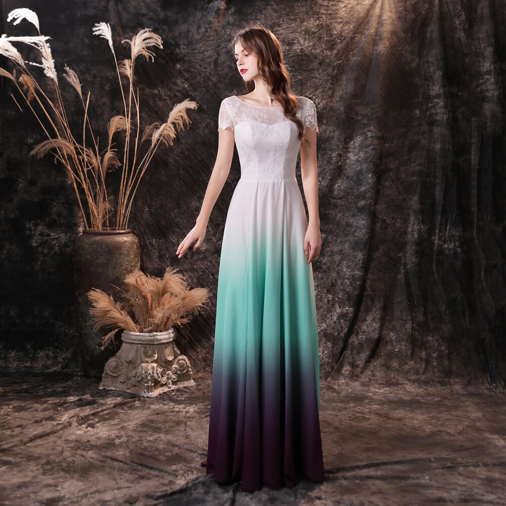 Ombre Prom Dresses New A-Line Gradient Color White and Blue Chiffon Formal Party Evening Gown Long
